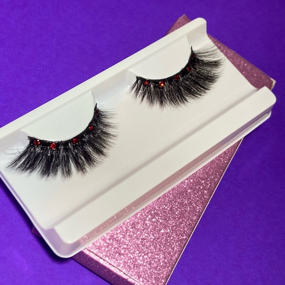 Fake Eyelashes Vampire Party Red Bling Rhinestone Vampy Goth Emo Egirl Falsies - Picture 9 of 13